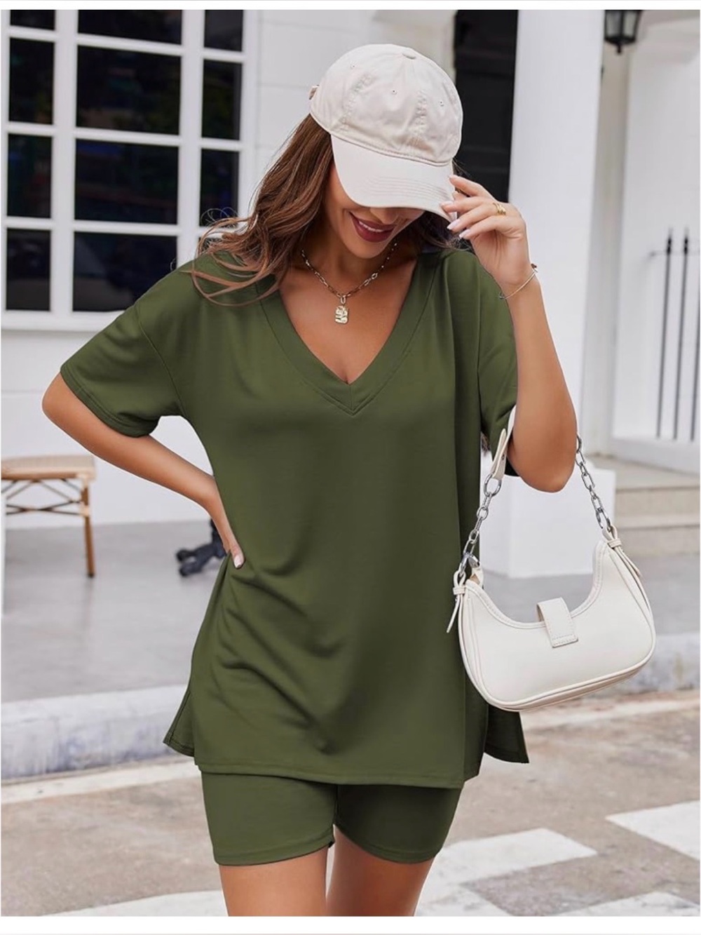 NWT! EKOUAER Olive Green V-Neck Lounge Set - Top & Shorts